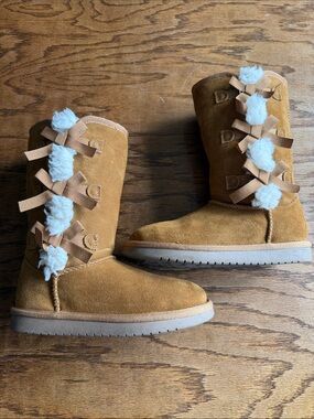 Koolaburra Kids Tan Suede Boots with White Fur Pom-Poms